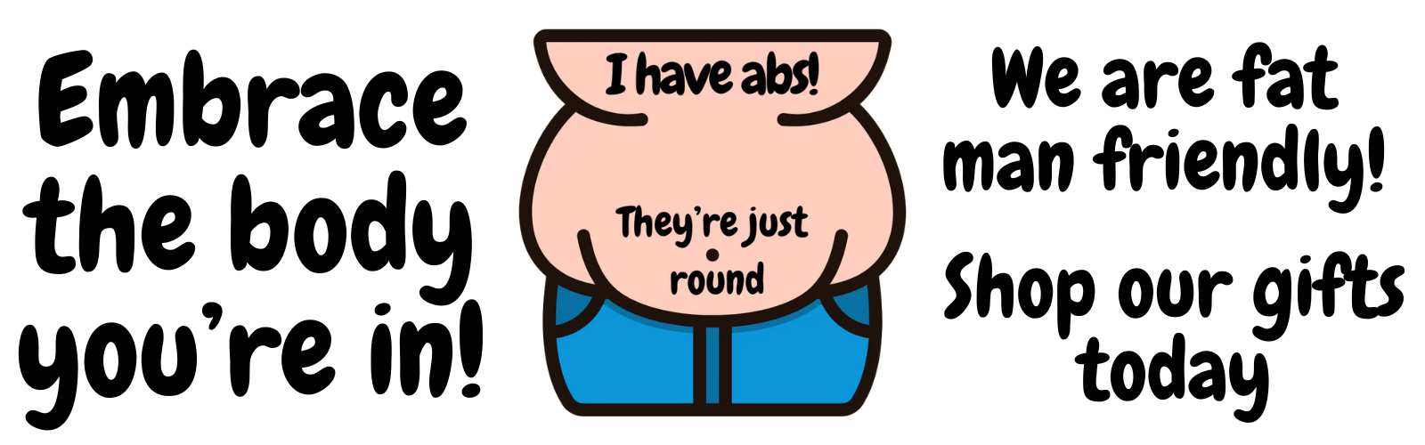 Cartoon character with text promoting body positivity and shopping.